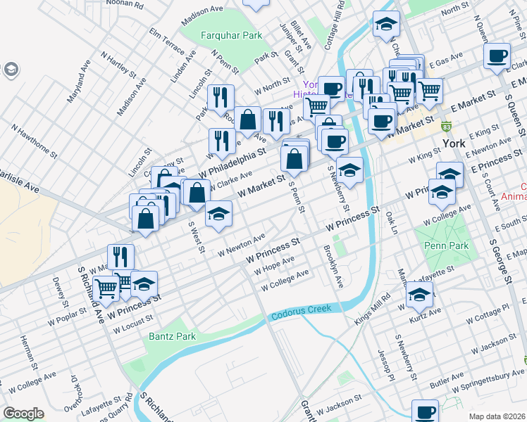 map of restaurants, bars, coffee shops, grocery stores, and more near 459 West King Street in York