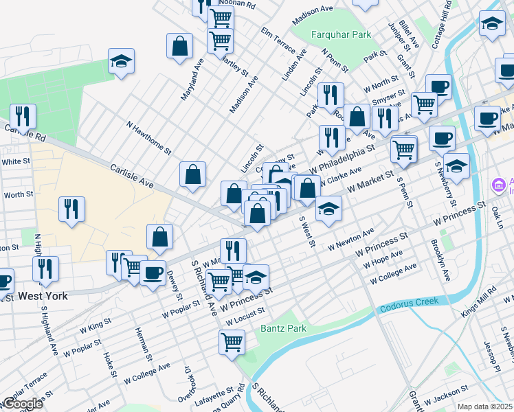 map of restaurants, bars, coffee shops, grocery stores, and more near 34 North Belvidere Avenue in York