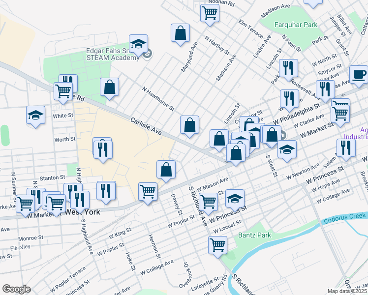map of restaurants, bars, coffee shops, grocery stores, and more near 208 Carlisle Avenue in York
