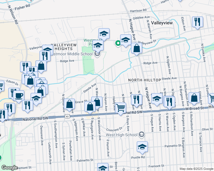 map of restaurants, bars, coffee shops, grocery stores, and more near 190 North Huron Avenue in Columbus