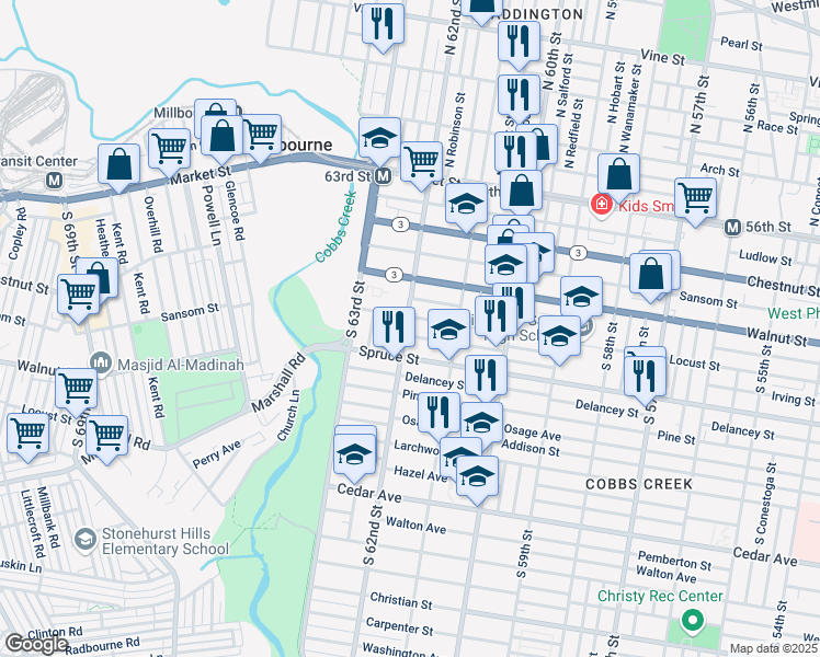 map of restaurants, bars, coffee shops, grocery stores, and more near 263 South 62nd Street in Philadelphia