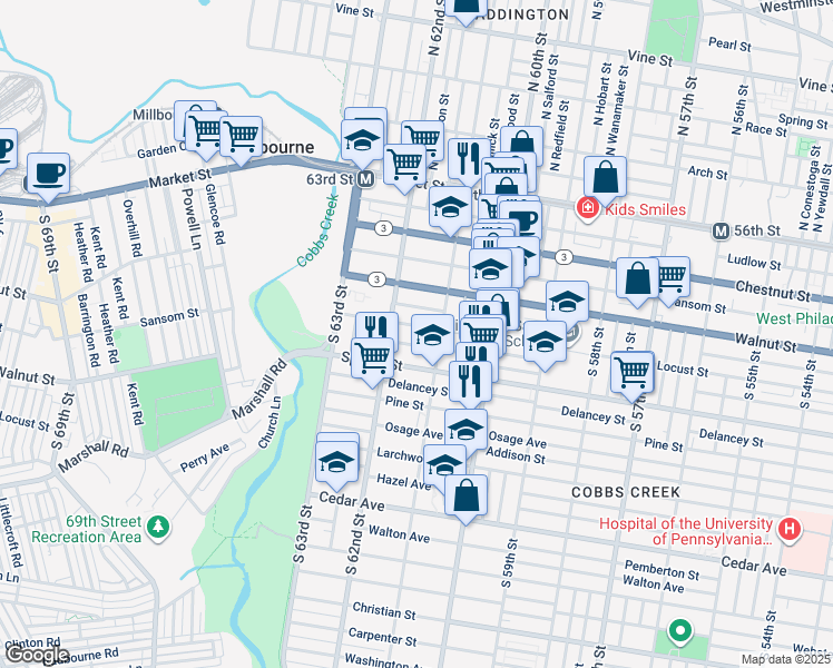map of restaurants, bars, coffee shops, grocery stores, and more near 6128 Locust St in Philadelphia