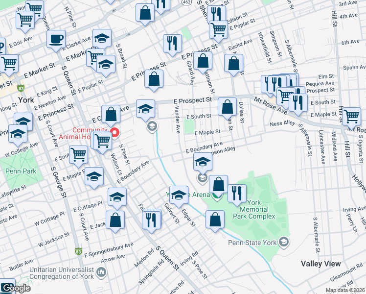 map of restaurants, bars, coffee shops, grocery stores, and more near 733 Vander Avenue in York