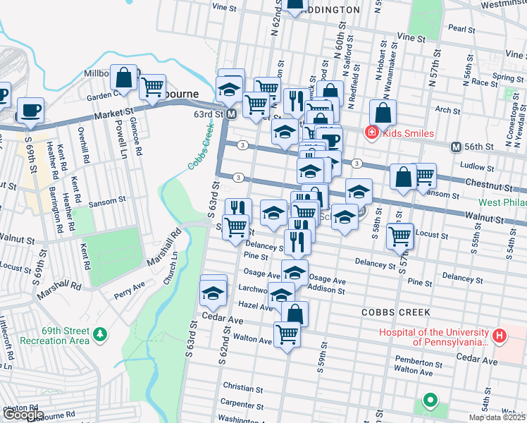 map of restaurants, bars, coffee shops, grocery stores, and more near 6128 Locust St in Philadelphia