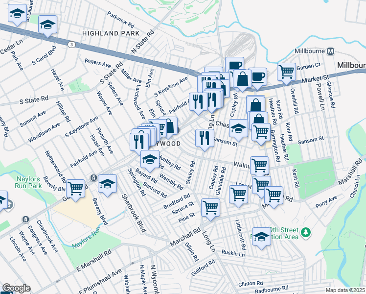 map of restaurants, bars, coffee shops, grocery stores, and more near 414 Millbank Road in Delaware County