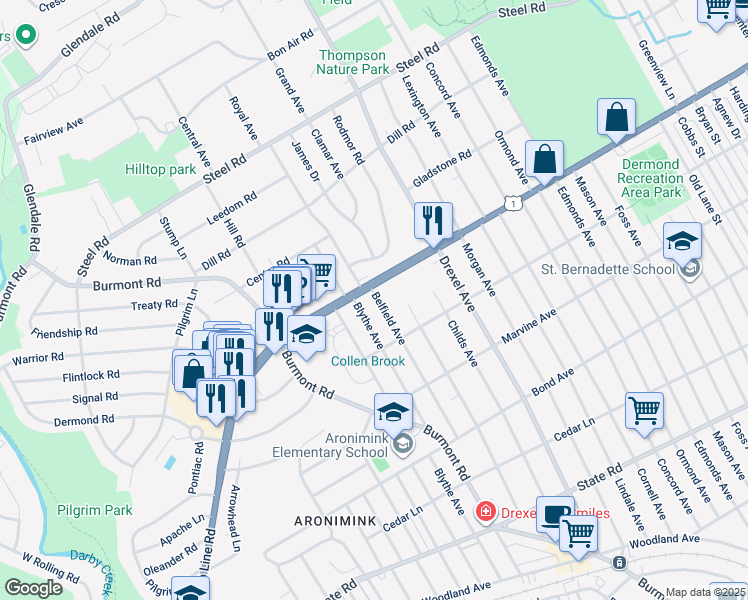 map of restaurants, bars, coffee shops, grocery stores, and more near 1232 Belfield Avenue in Drexel Hill