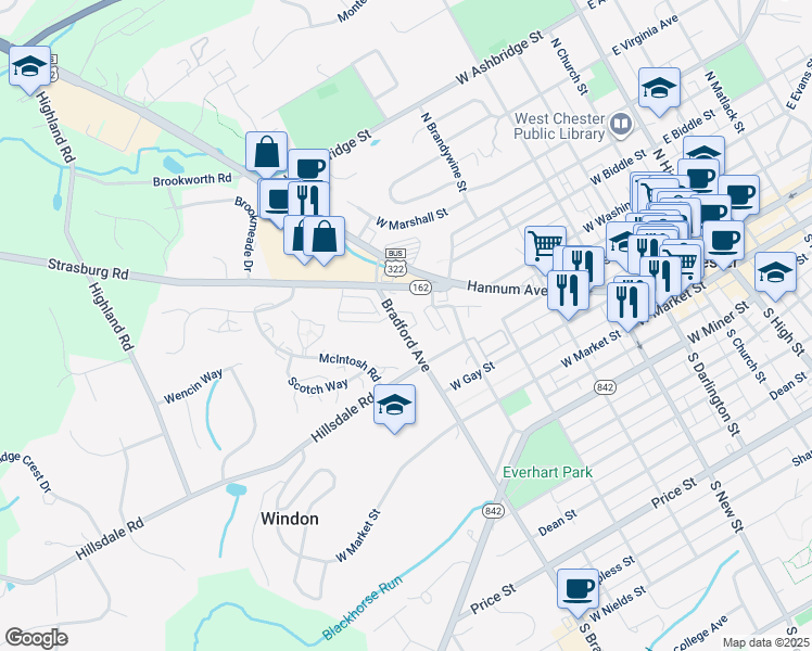 map of restaurants, bars, coffee shops, grocery stores, and more near 201 Debaptiste Lane in West Chester