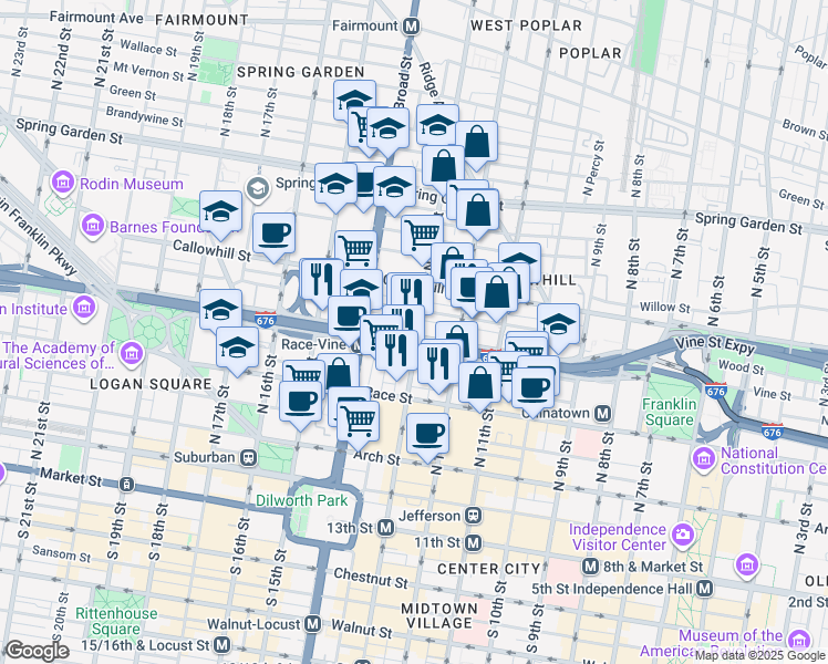 map of restaurants, bars, coffee shops, grocery stores, and more near 1300 Wood Street in Philadelphia