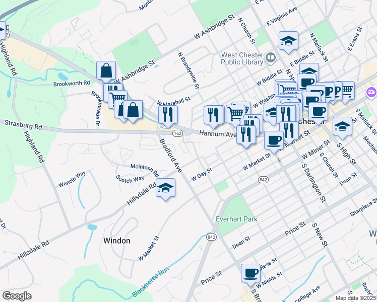 map of restaurants, bars, coffee shops, grocery stores, and more near 228 North Everhart Avenue in West Chester