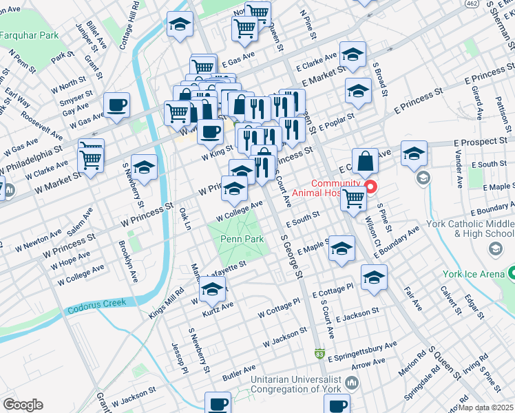 map of restaurants, bars, coffee shops, grocery stores, and more near 22 West College Avenue in York