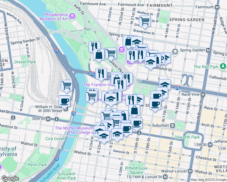 map of restaurants, bars, coffee shops, grocery stores, and more near 2123 Race Street in Philadelphia