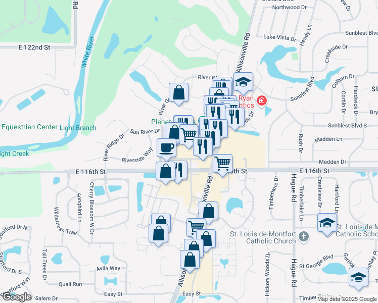 map of restaurants, bars, coffee shops, grocery stores, and more near 7272 Fishers Crossing Drive in Fishers