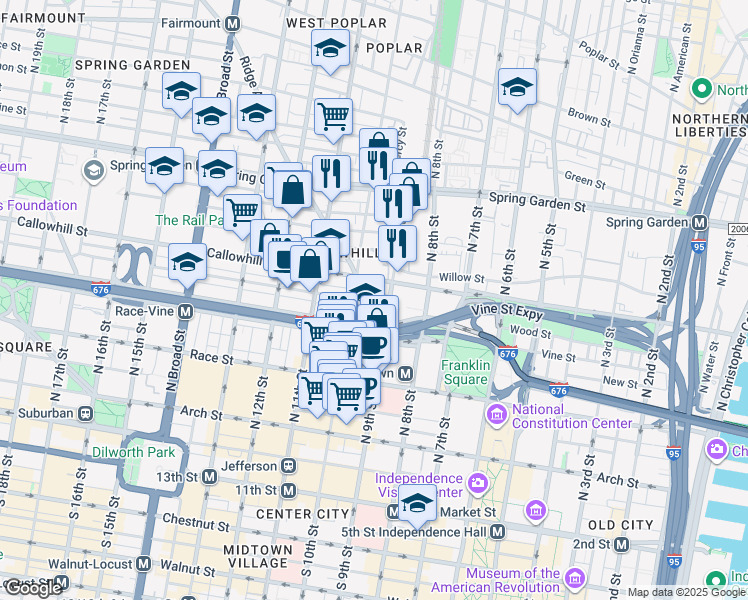 map of restaurants, bars, coffee shops, grocery stores, and more near 926 Callowhill Street in Philadelphia