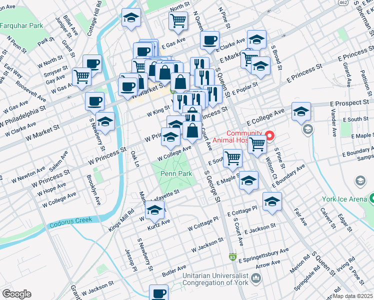 map of restaurants, bars, coffee shops, grocery stores, and more near 24 West College Avenue in York