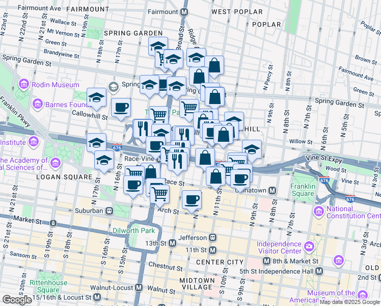 map of restaurants, bars, coffee shops, grocery stores, and more near 1300 Wood Street in Philadelphia