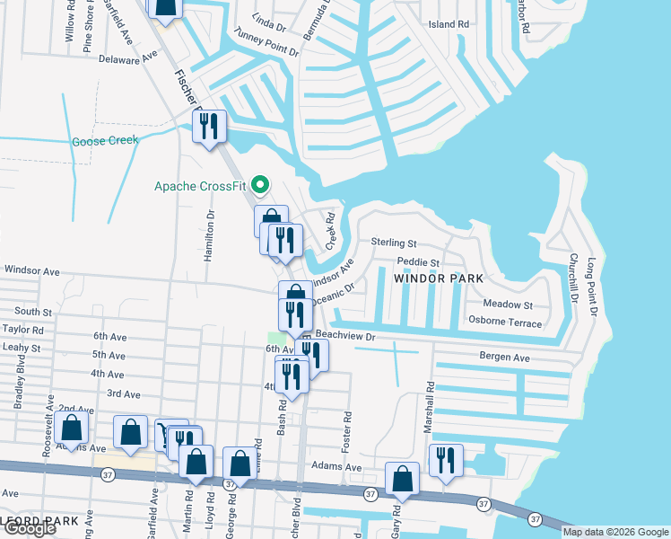 map of restaurants, bars, coffee shops, grocery stores, and more near 3125 Creek Road in Toms River