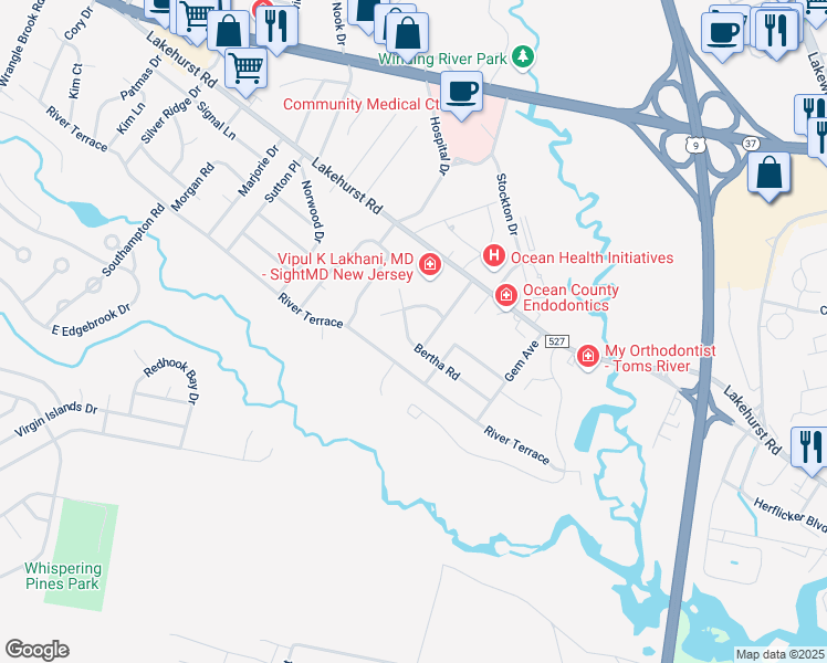 map of restaurants, bars, coffee shops, grocery stores, and more near 415 Colleen Court in Toms River