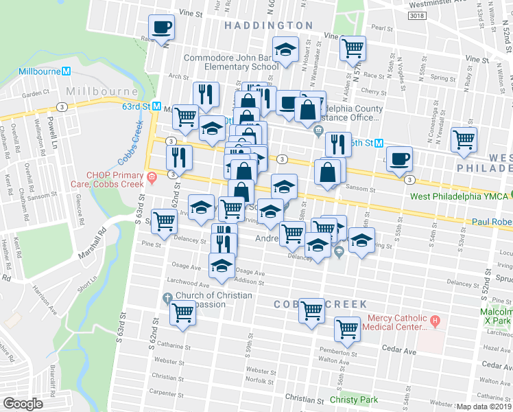 map of restaurants, bars, coffee shops, grocery stores, and more near 5939 Chancellor Street in Philadelphia