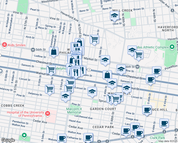 map of restaurants, bars, coffee shops, grocery stores, and more near 5038 Chestnut Street in Philadelphia