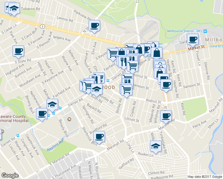 map of restaurants, bars, coffee shops, grocery stores, and more near 7265 Walnut Street in Upper Darby