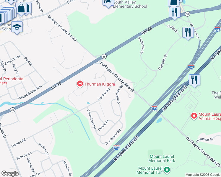 map of restaurants, bars, coffee shops, grocery stores, and more near 6 East Coach Lane in Mount Laurel Township