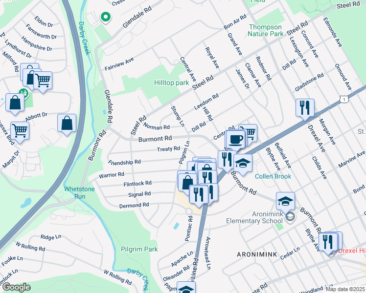 map of restaurants, bars, coffee shops, grocery stores, and more near 101 Treaty Road in Delaware