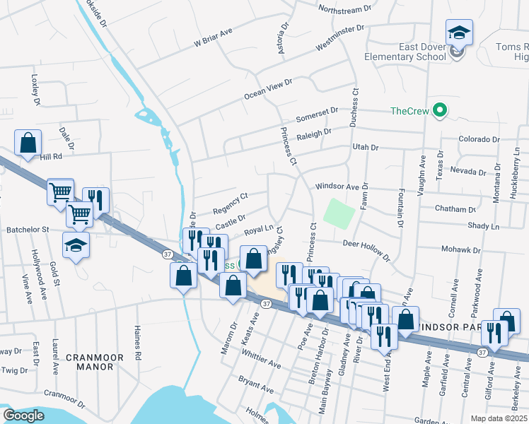 map of restaurants, bars, coffee shops, grocery stores, and more near 684 Princess Court in Toms River
