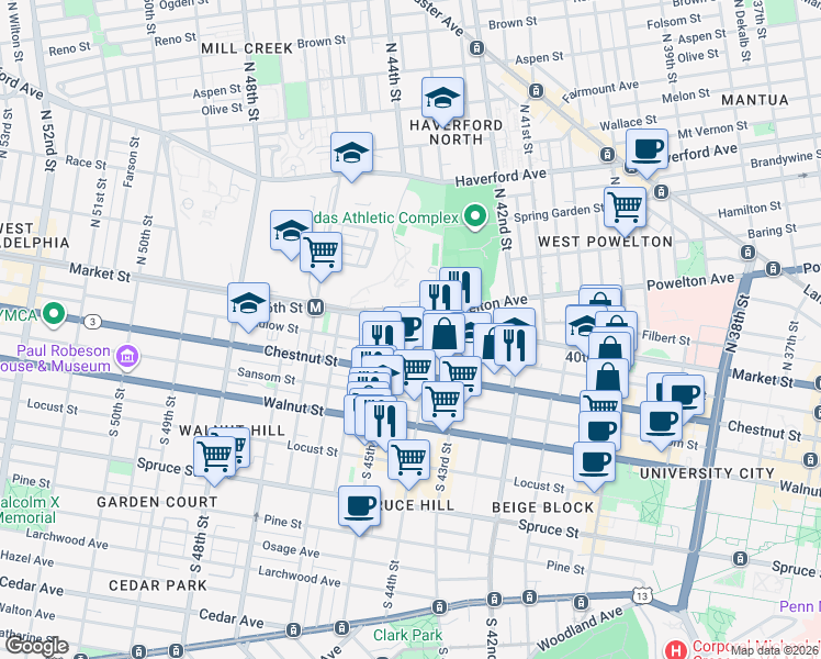 map of restaurants, bars, coffee shops, grocery stores, and more near 4401 Market Street in Philadelphia