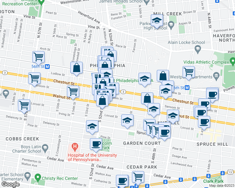 map of restaurants, bars, coffee shops, grocery stores, and more near 106 South 51st Street in Philadelphia