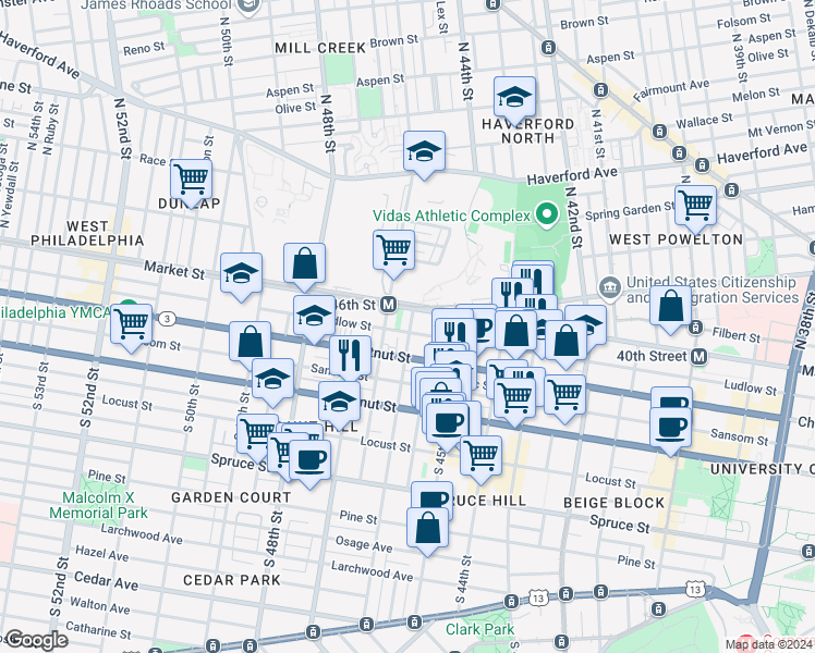 map of restaurants, bars, coffee shops, grocery stores, and more near 2 South 46th Street in Philadelphia