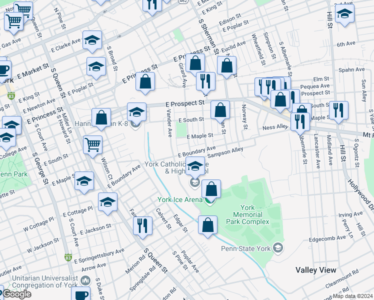 map of restaurants, bars, coffee shops, grocery stores, and more near 633 East Boundary Avenue in York