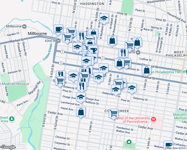 map of restaurants, bars, coffee shops, grocery stores, and more near 5939 Chancellor Street in Philadelphia