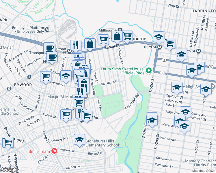 map of restaurants, bars, coffee shops, grocery stores, and more near 149 Overhill Road in Upper Darby