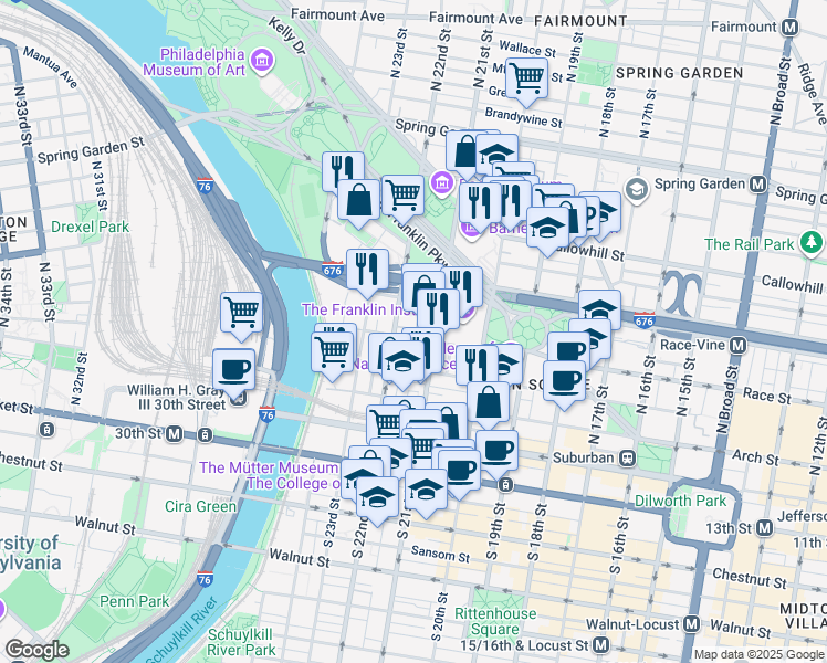 map of restaurants, bars, coffee shops, grocery stores, and more near 2121 Race Street in Philadelphia