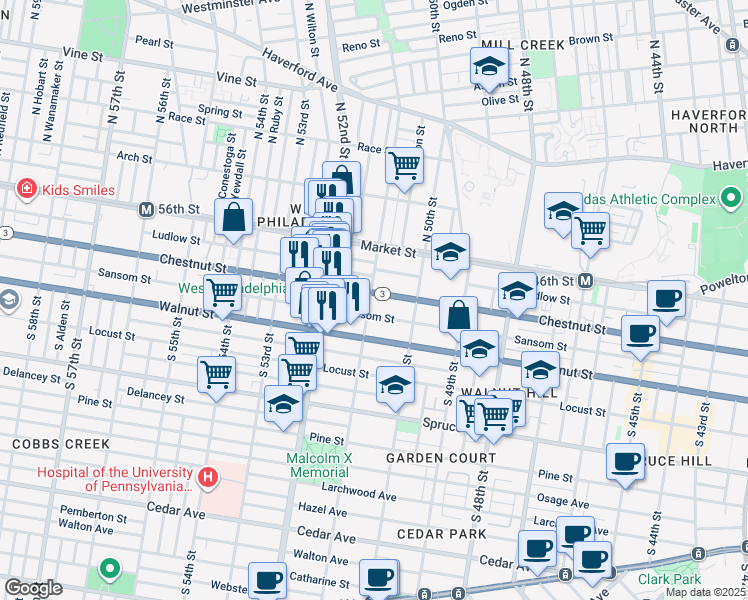 map of restaurants, bars, coffee shops, grocery stores, and more near 5048 Chestnut Street in Philadelphia