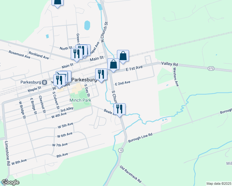 map of restaurants, bars, coffee shops, grocery stores, and more near 145 South Church Street in Parkesburg