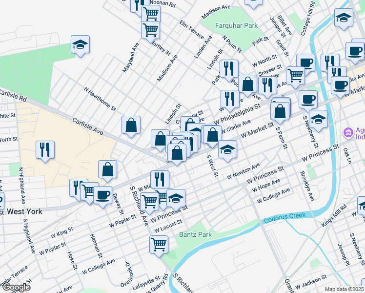 map of restaurants, bars, coffee shops, grocery stores, and more near 657 West Clarke Avenue in York