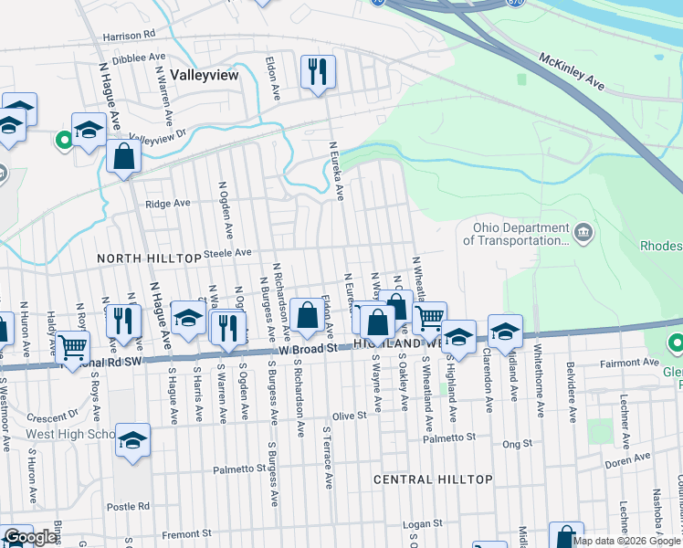 map of restaurants, bars, coffee shops, grocery stores, and more near 148 North Eureka Avenue in Columbus