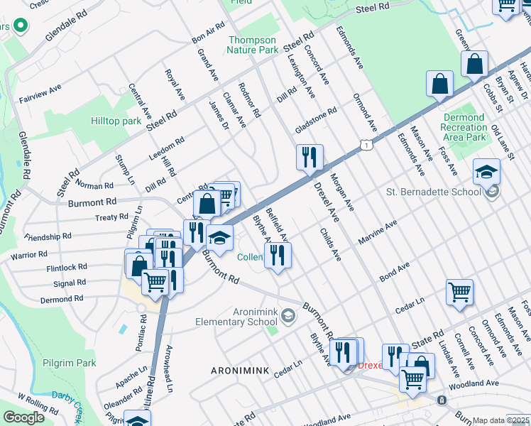 map of restaurants, bars, coffee shops, grocery stores, and more near 1232 Belfield Avenue in Drexel Hill