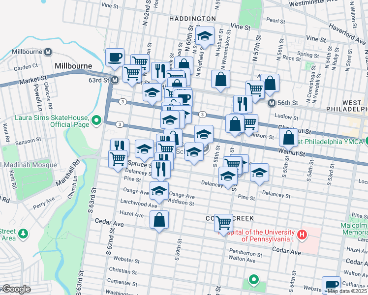map of restaurants, bars, coffee shops, grocery stores, and more near 5939 Chancellor Street in Philadelphia
