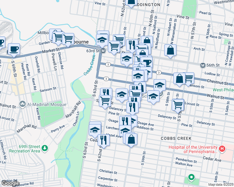 map of restaurants, bars, coffee shops, grocery stores, and more near 6132 Chancellor Street in Philadelphia