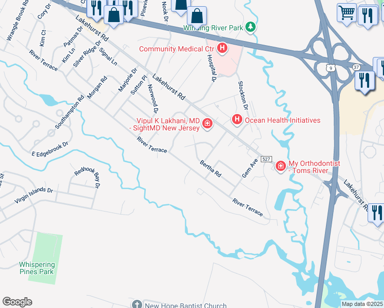 map of restaurants, bars, coffee shops, grocery stores, and more near 419 Bertha Road in Toms River