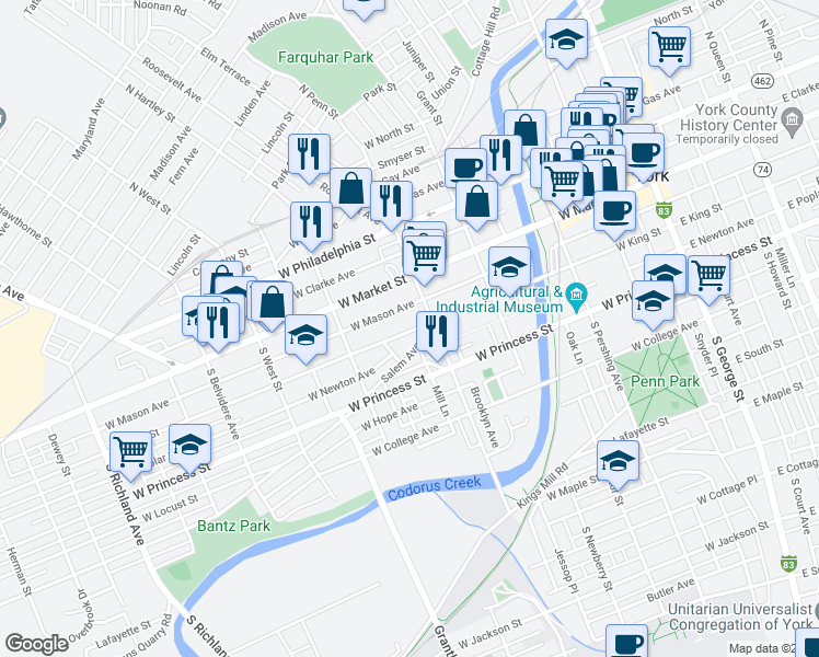 map of restaurants, bars, coffee shops, grocery stores, and more near 427 West King Street in York