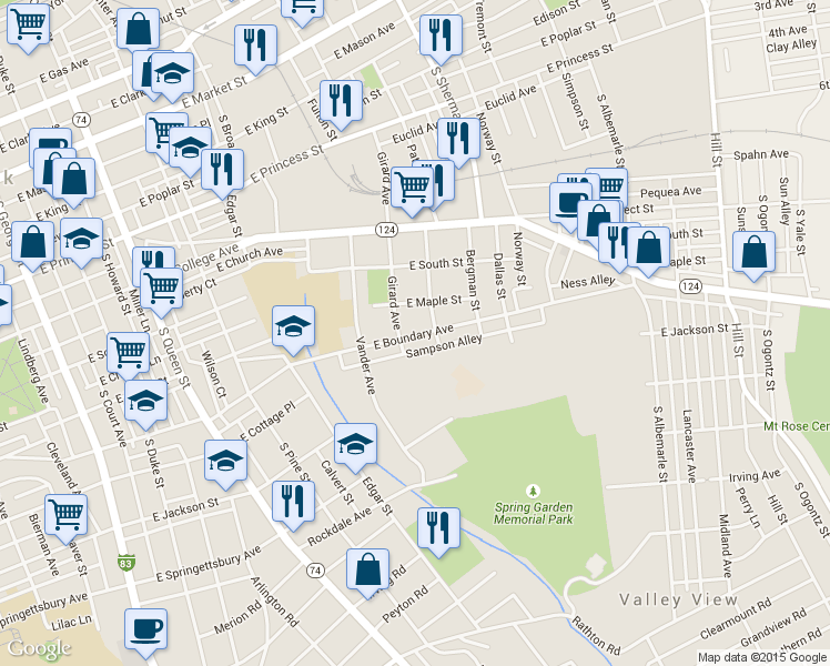 map of restaurants, bars, coffee shops, grocery stores, and more near 715 East Boundary Avenue in York