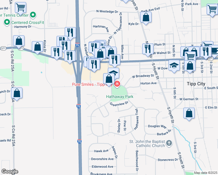 map of restaurants, bars, coffee shops, grocery stores, and more near 90 South Tippecanoe Drive in Tipp City