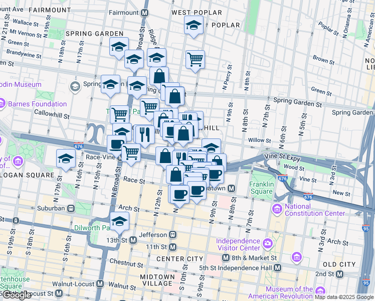 map of restaurants, bars, coffee shops, grocery stores, and more near 1126 Callowhill Street in Philadelphia