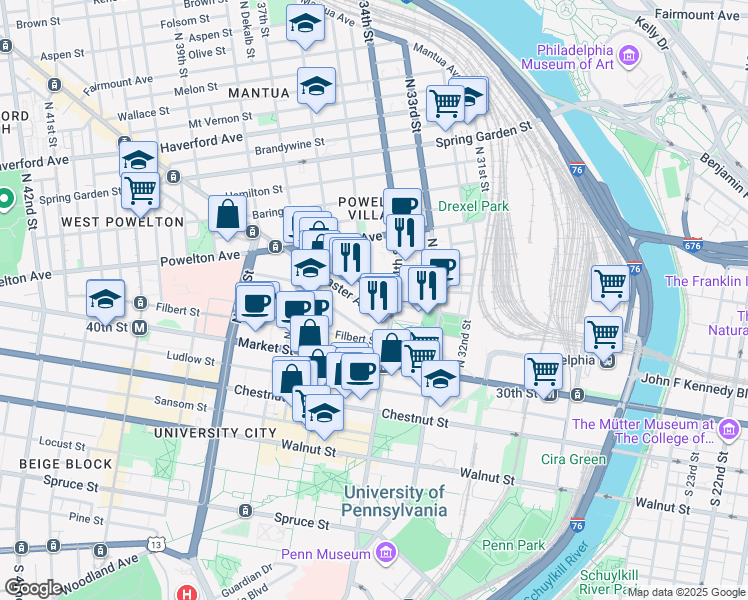 map of restaurants, bars, coffee shops, grocery stores, and more near 3416 Race Street in Philadelphia