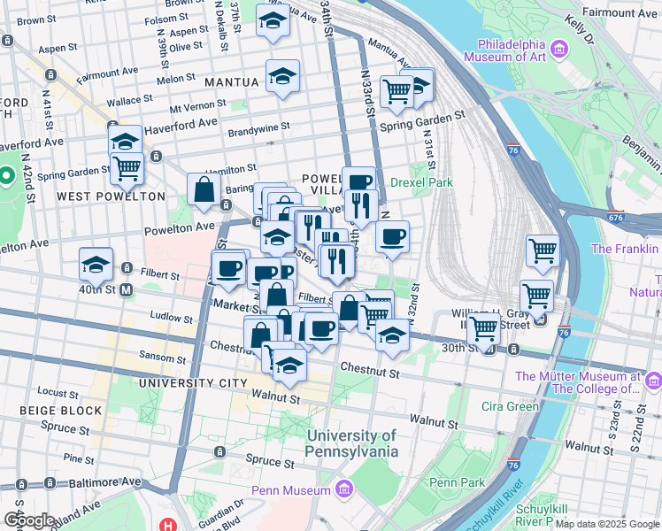 map of restaurants, bars, coffee shops, grocery stores, and more near 3416 Race Street in Philadelphia