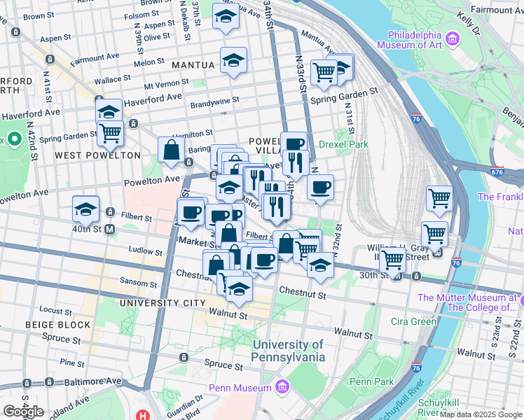 map of restaurants, bars, coffee shops, grocery stores, and more near 3416 Race Street in Philadelphia