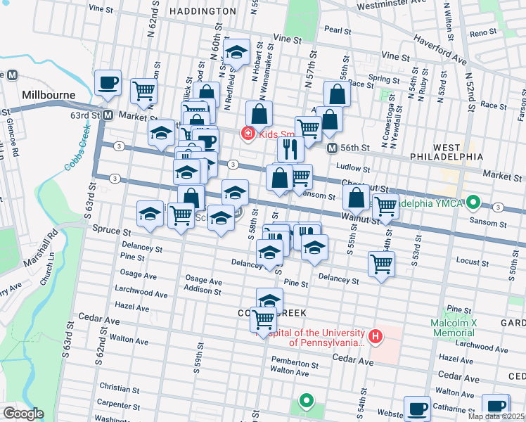 map of restaurants, bars, coffee shops, grocery stores, and more near 210 South Cecil Street in Philadelphia